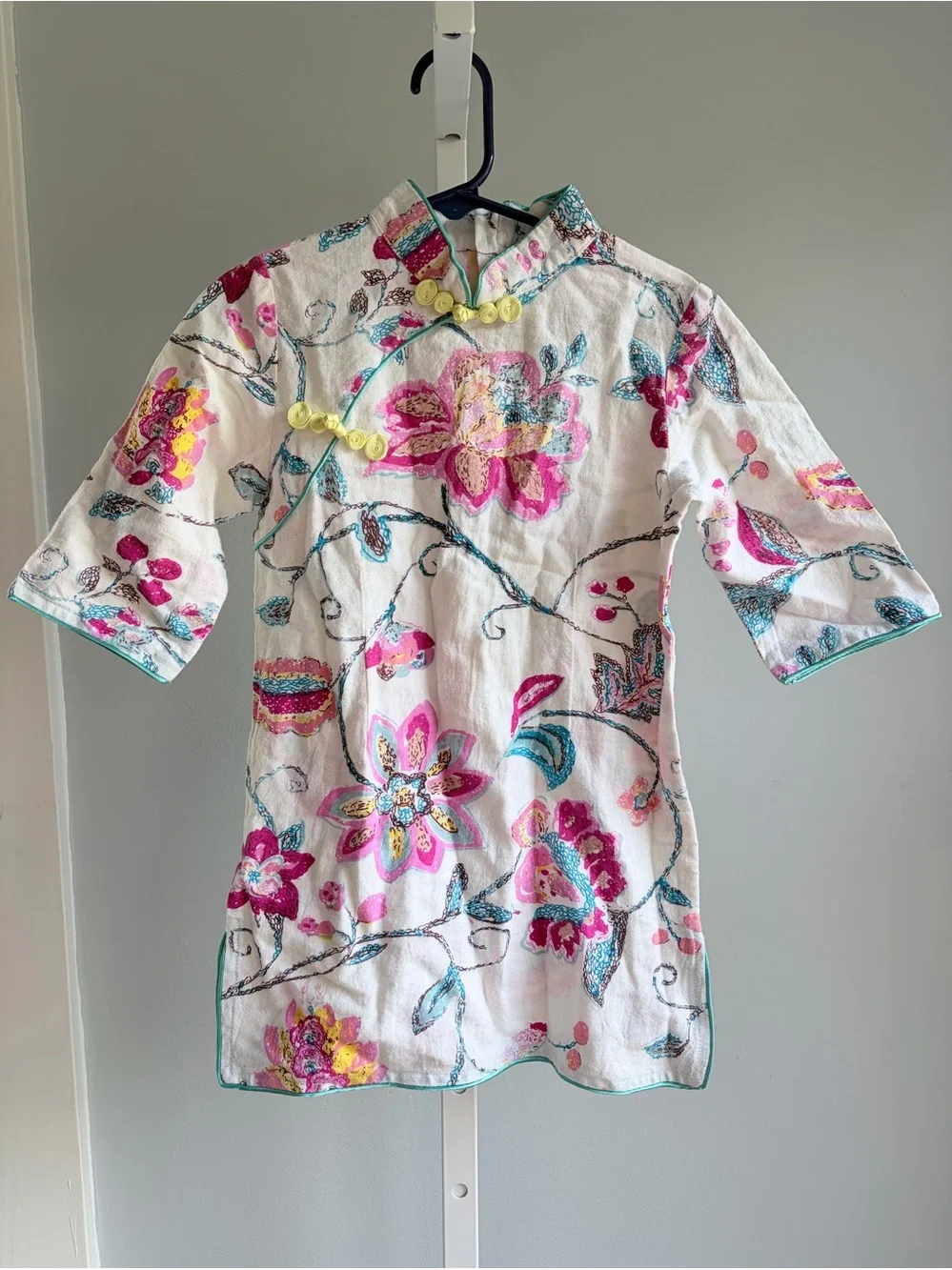 Mandarin Girls White Floral linen hemp floral Dress